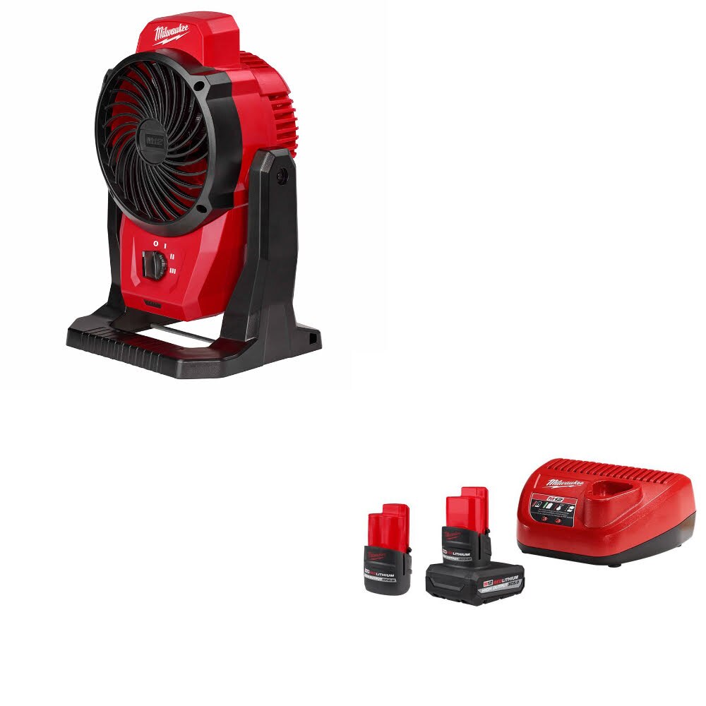 Milwaukee 0820-20 M12 Mounting Fan W/ 48-59-2452S M12 2-Battery Starter Kit