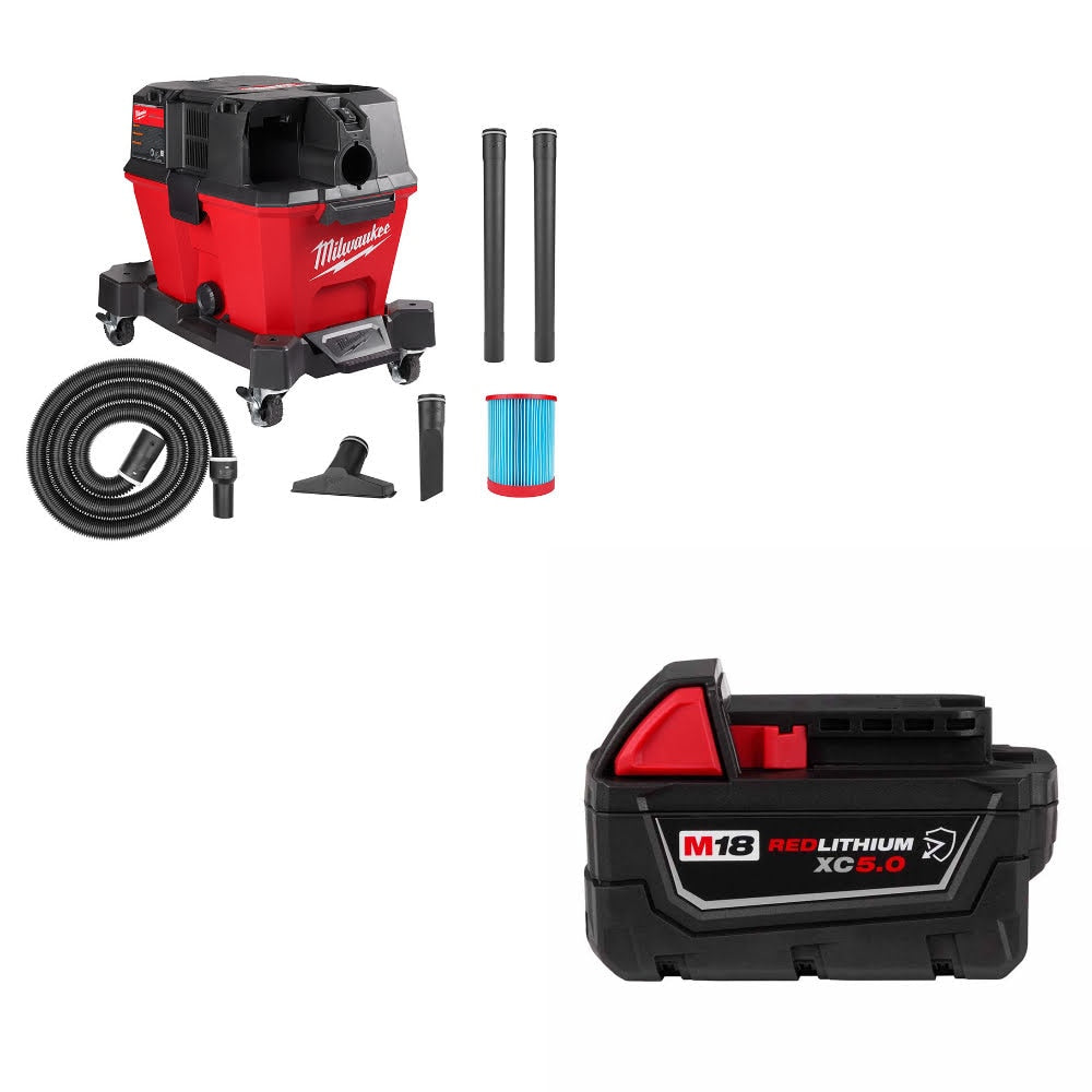 Milwaukee 0910-20 M18 FUEL 6 Gal Vacuum, Bare W/ 48-11-1850R M18 XC5.0 Battery