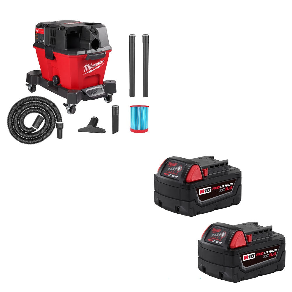Milwaukee 0910-20 M18 FUEL 6 Gal Vacuum W/ 48-11-1852 M18 XC5.0 Battery, 2 Pack