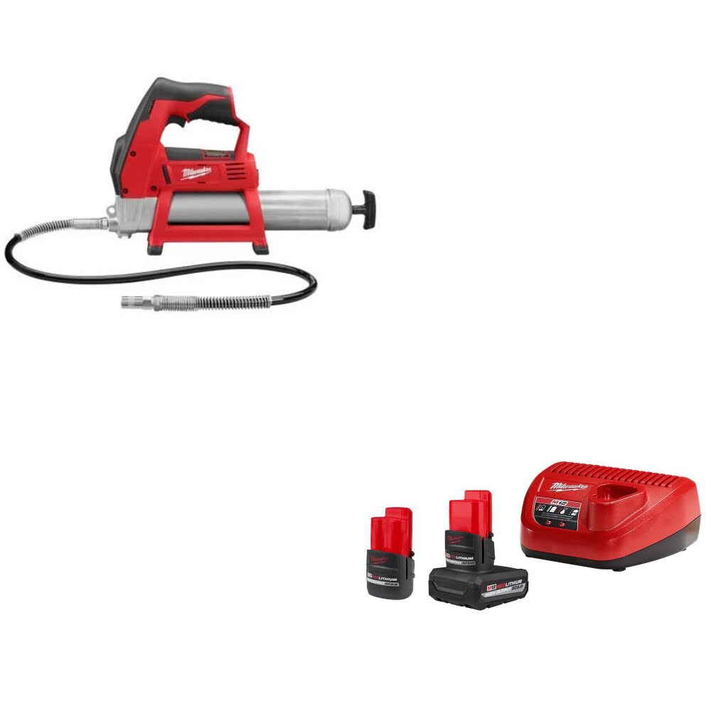 Milwaukee 2446-20 M12 Grease Gun, Bare W/ 48-59-2452S M12 2-Battery Starter Kit