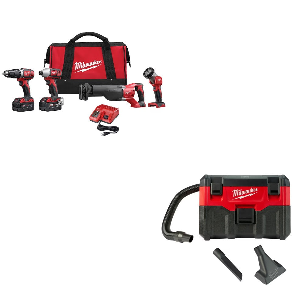 Milwaukee 2696-24 M18 4-Tool Combo Kit w/ Two FREE 0880-20 18V Wet/Dry Vacuums