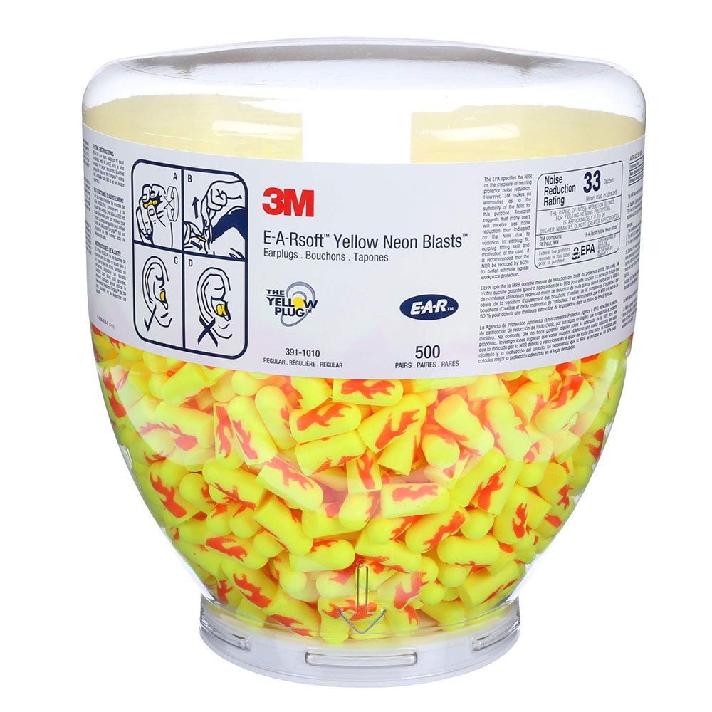 3M 391-1010 E-A-Rsoft Yellow Neon Blasts One Touch Dispenser Refill, NRR 33 dB, Regular Size, 500/Bottle
