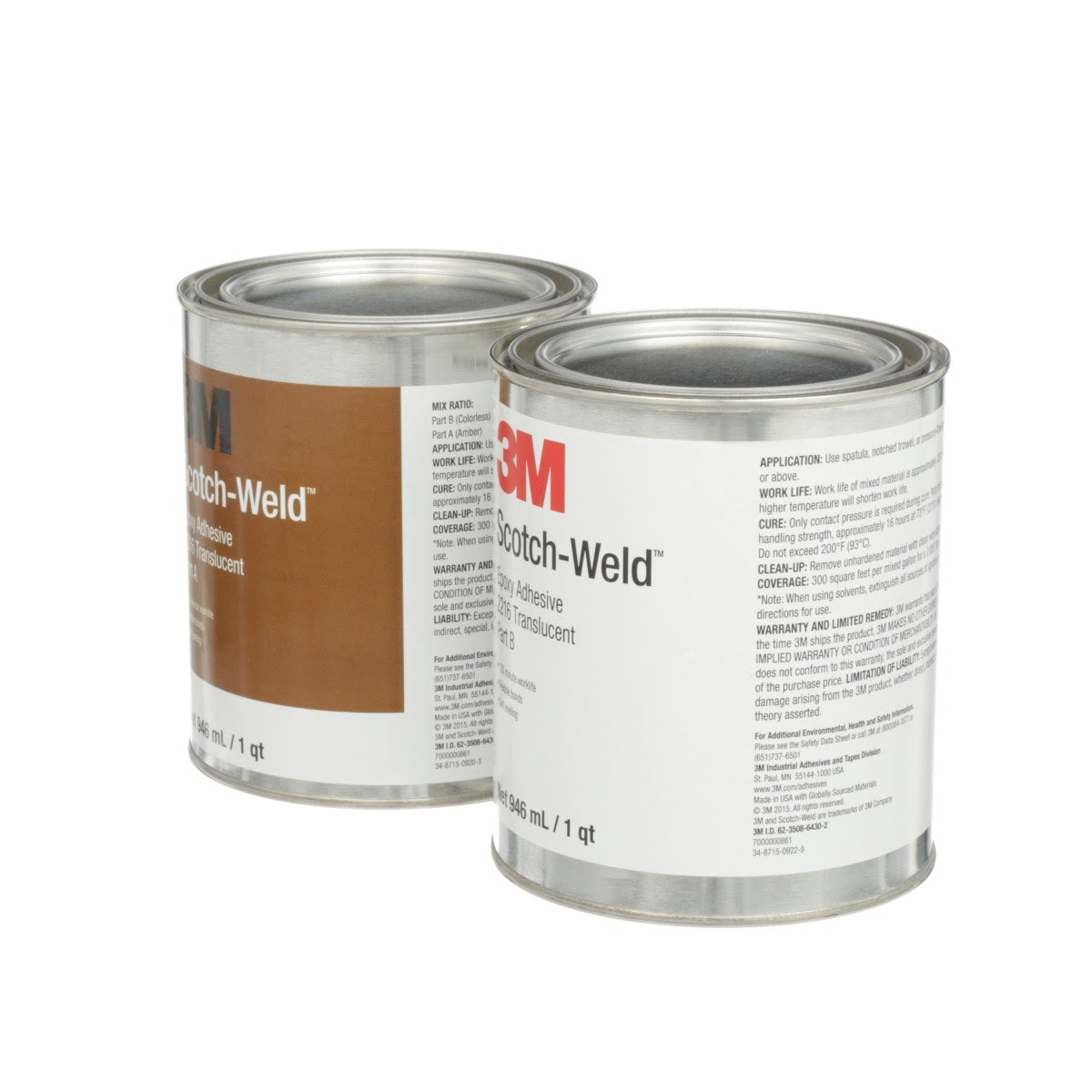 3M 2216 Scotch-Weld Epoxy Adhesive, Translucent, Part B/A, 2 Quart (7000000861) (6 Pack) - 2