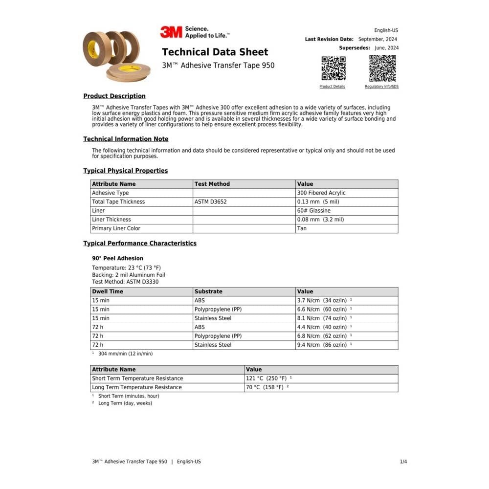 3M 7000001189 Adhesive Transfer Tape 950, Clear, 48 in x 60 yd, 5 mil - 2