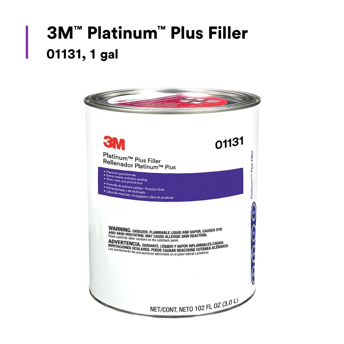 3M Platinum Plus Lightweight Body Filler, Stain Free, Tack Free, 1 gal (01131) (7000001498) (4 Pack) - 4
