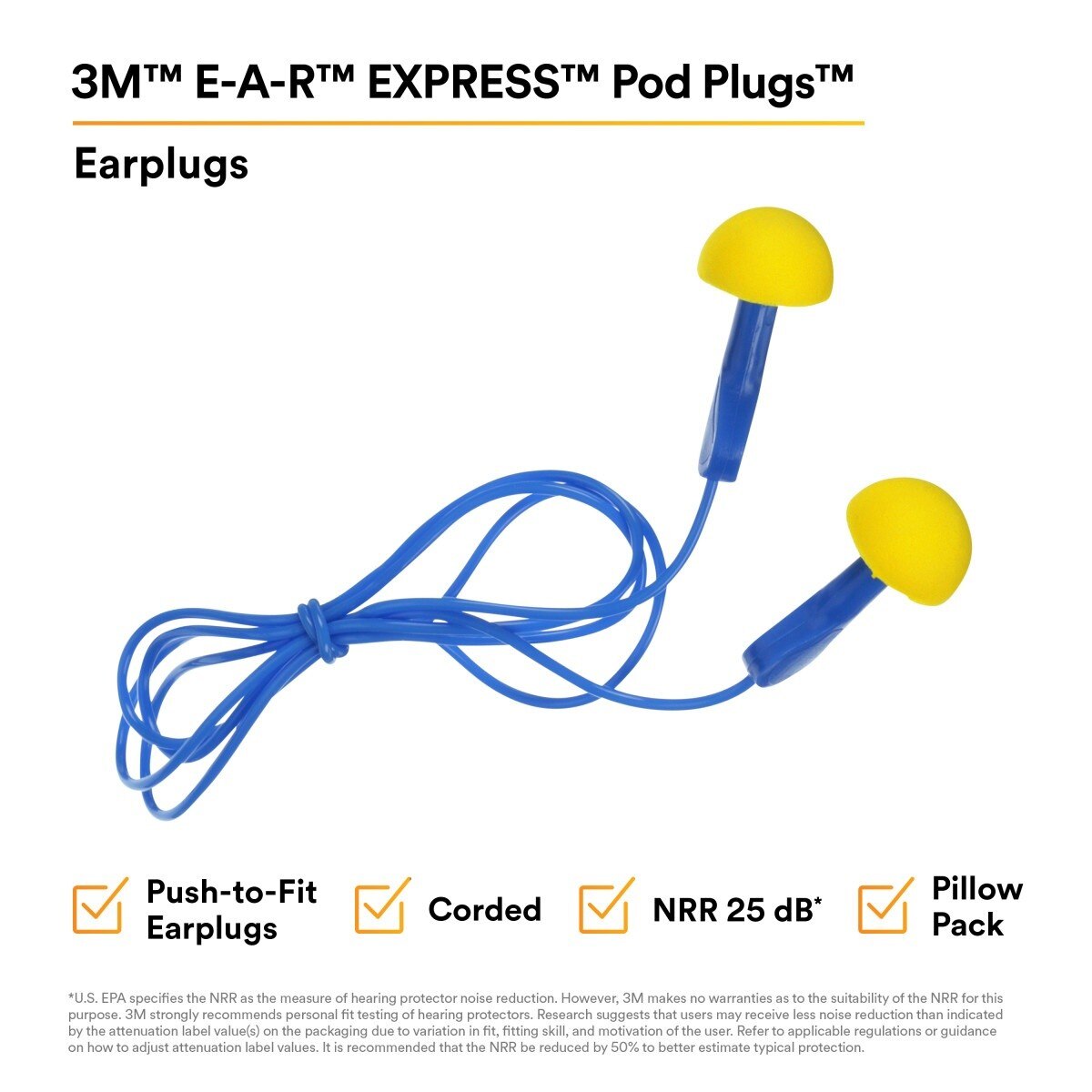 3M 311-1114 E-A-R EXPRESS Pod Plugs Earplugs, Corded, Blue Grips, Pillow Pack (7000002309) (400 Pack) - 2