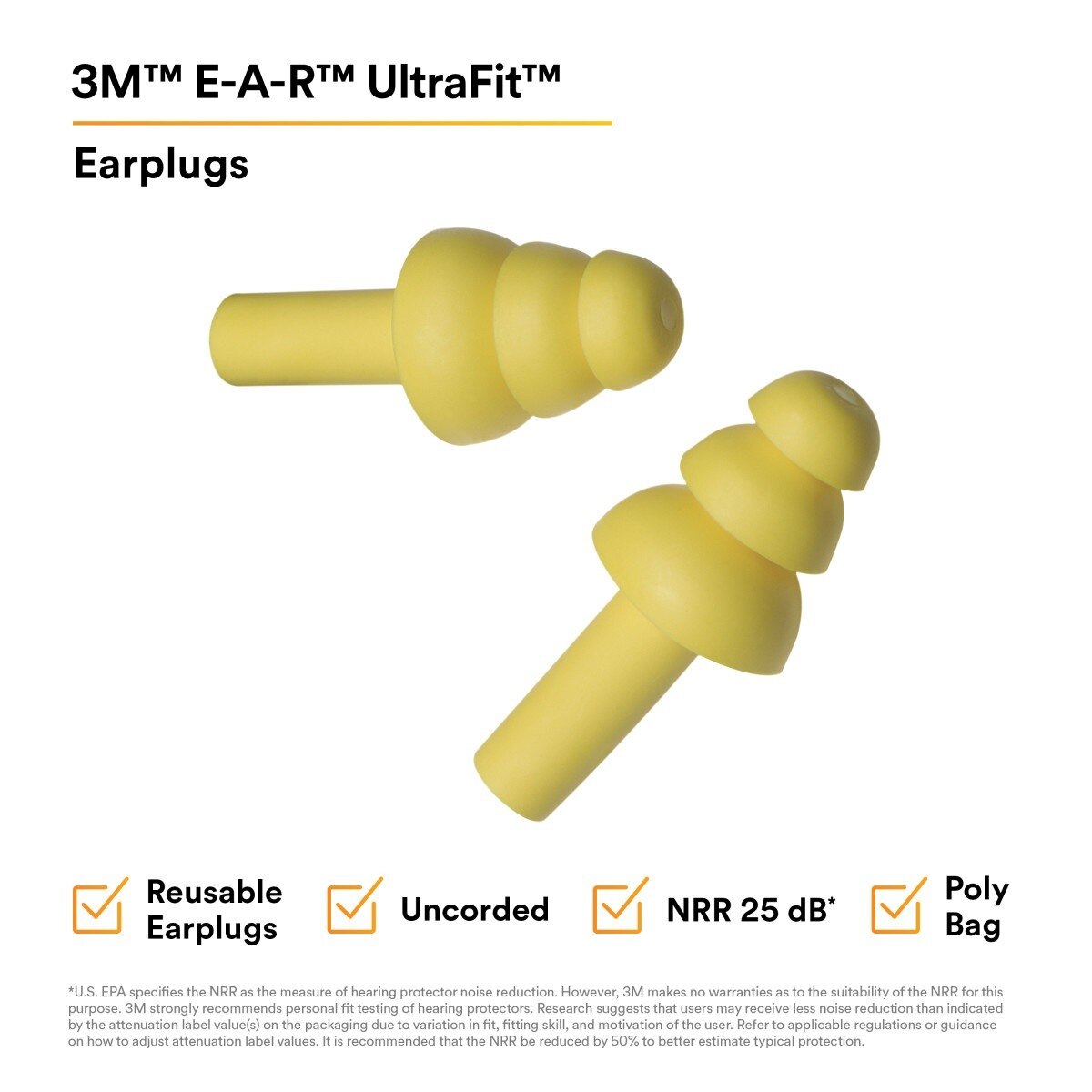 3M 340-4003 E-A-R Earplugs, Uncorded, Poly Bag, Yellow (7000002321) (400 Pack) - 7