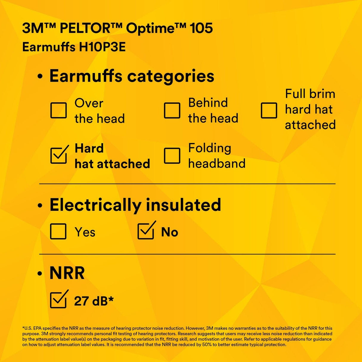 3M H10P3E PELTOR Optime 105 Hard Hat Attached Earmuffs NRR 27 dB (7000002327) (10-Pack) - 10