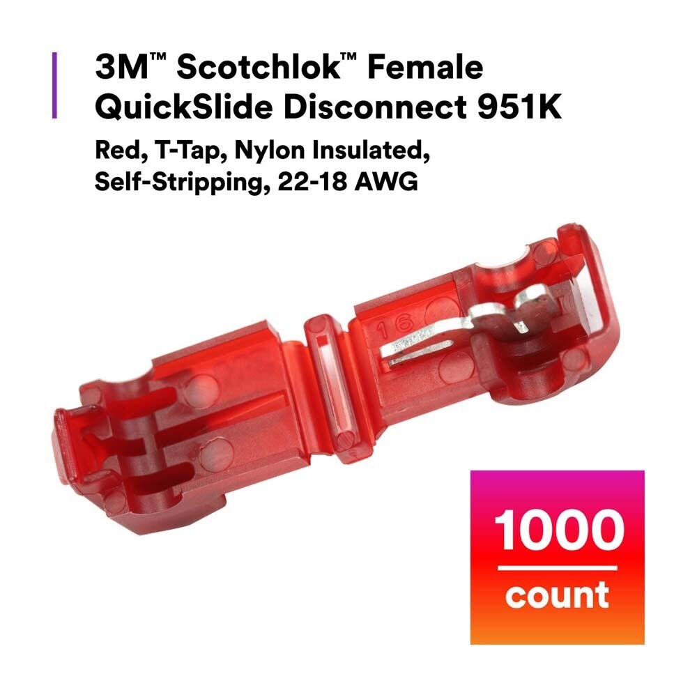 3M 951K Female QuickSlide Disconnect , Red Color, T-Tap, Nylon Insulated, Self-Stripping, 22-18 AWG (7000005801) (1000 Pack) - 2