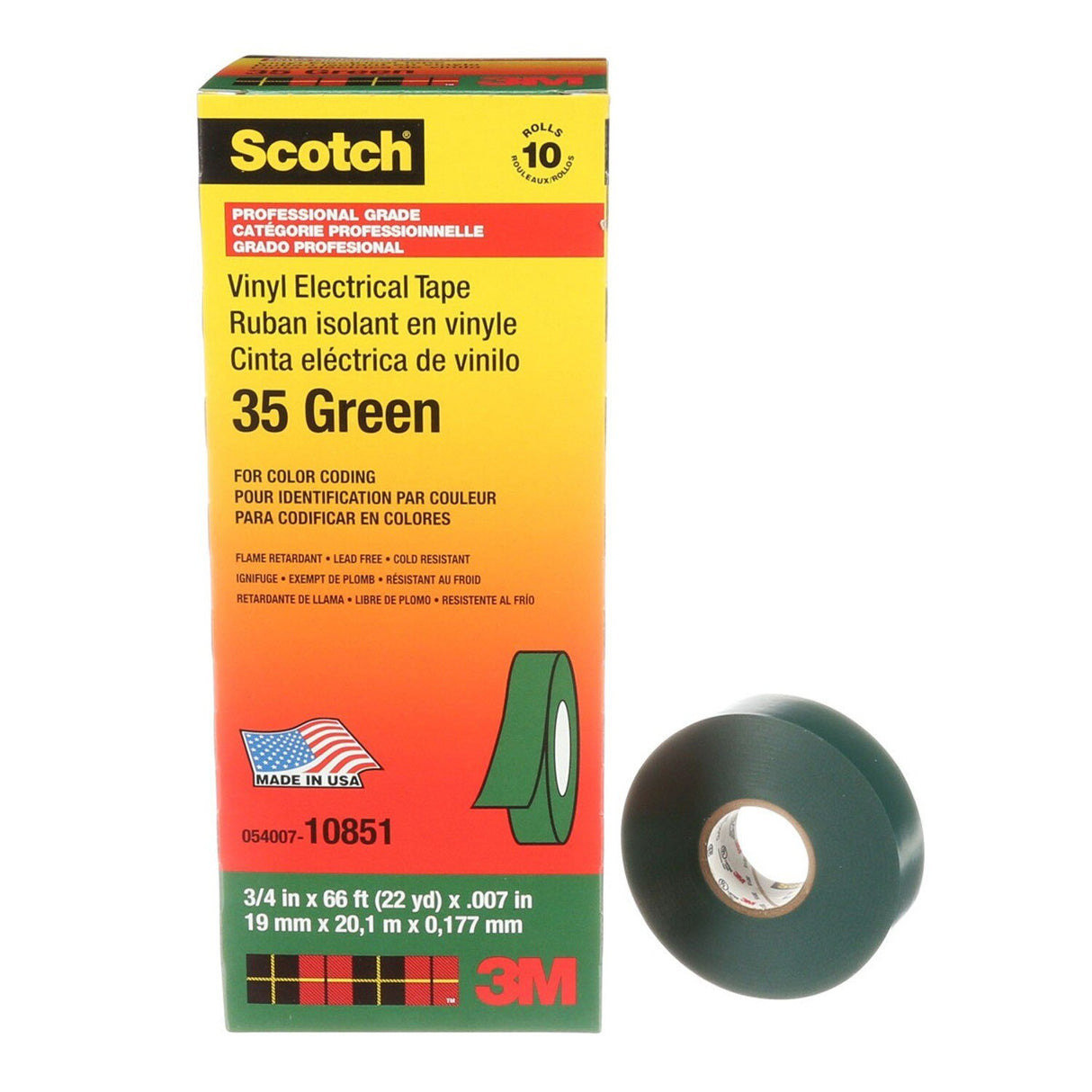 3M 35-3/4X66FT-GN Scotch Vinyl Color Coding Electrical Tape 35, Green, 3/4 in x 66 ft, 7 mil, Flame Retardant (7000006098) (10 Pack) - 3