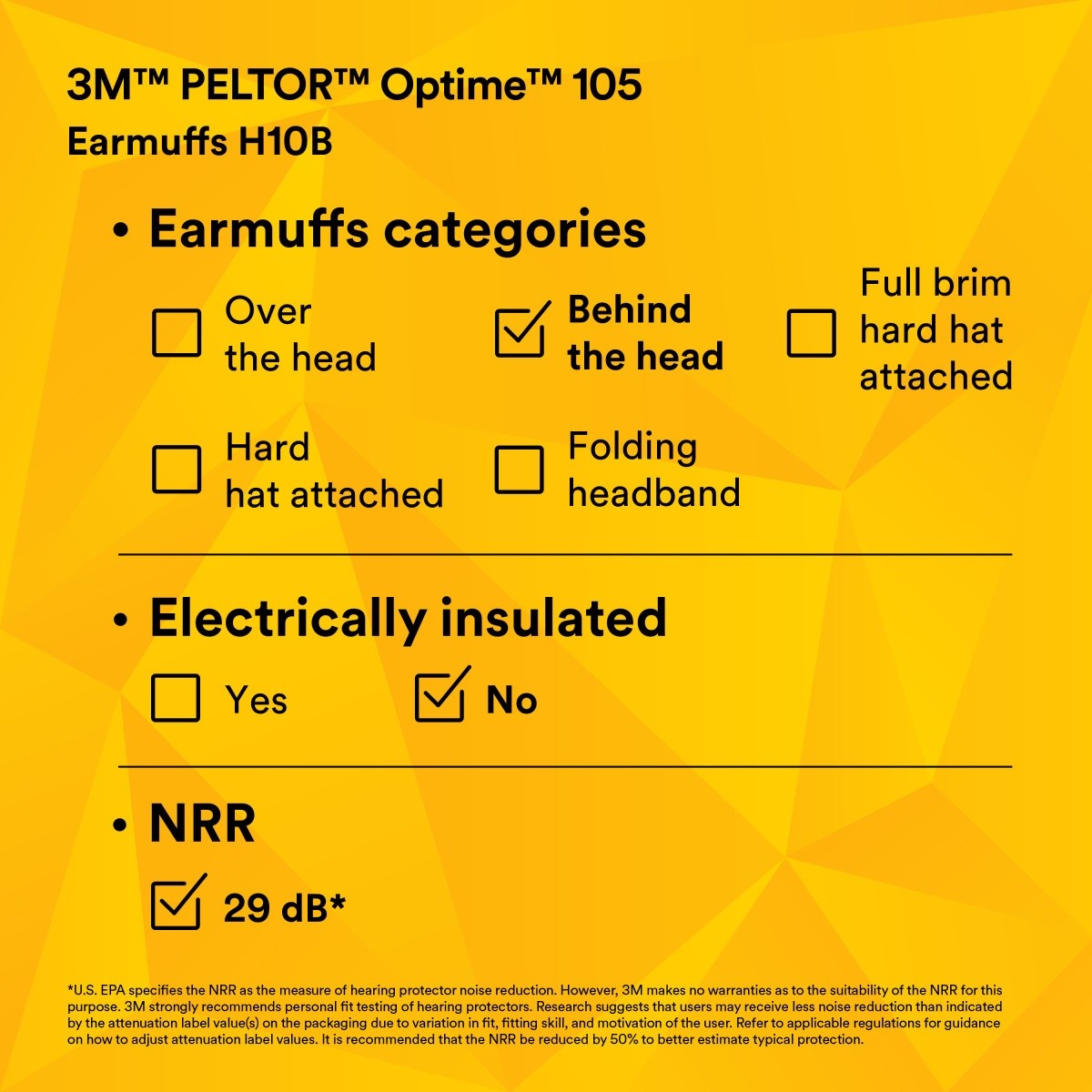 3M H10B PELTOR Optime 105 Behind-the-Head Earmuffs, 29 dB NRR (7000009664) - 10
