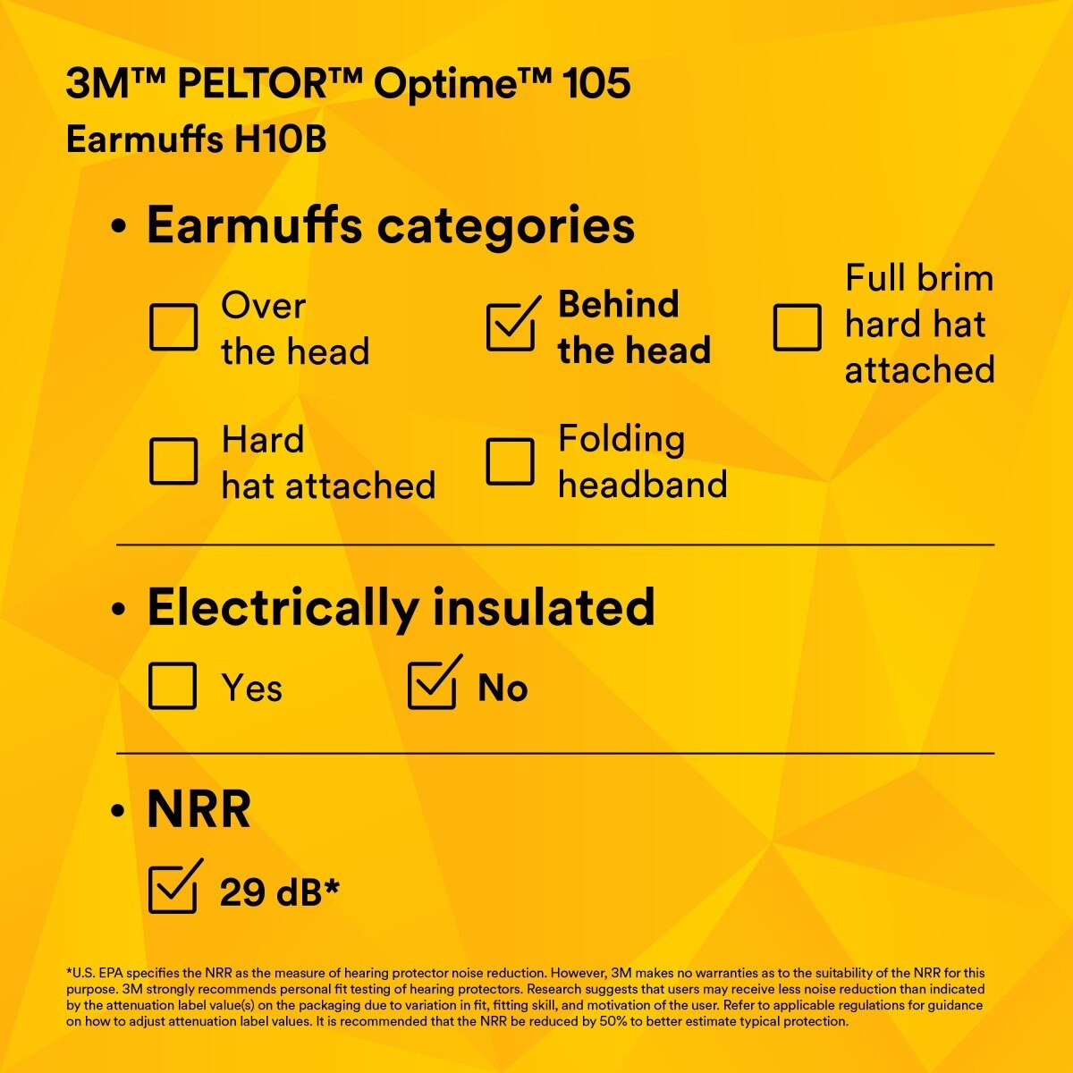 3M H10B PELTOR Optime 105 Behind-the-Head Earmuffs, 29 dB NRR (7000009664) - 10