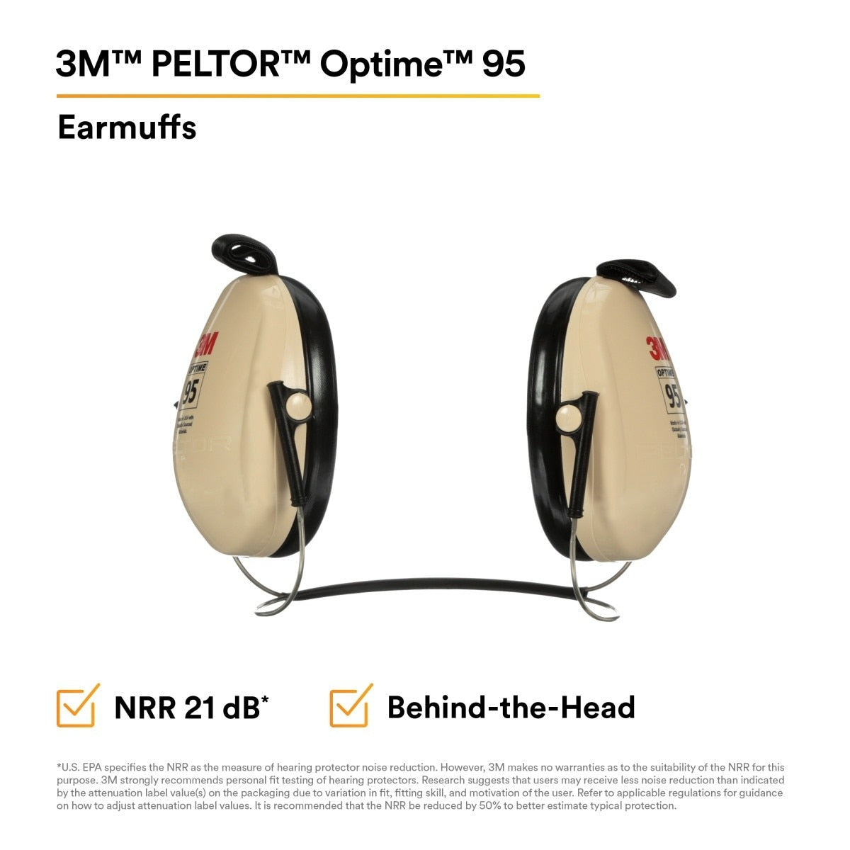 3M H6B/V 08062 PELTOR Optime 95 Behind-the-Head Earmuffs, 21 dB NRR, Adjustable Earcups, Beige (7000009666) - 2