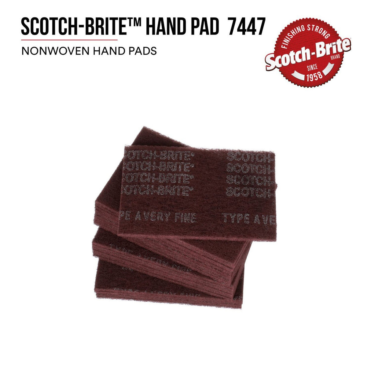 3M HP-HP 7447 Scotch-Brite General Purpose Hand Pad, Very Fine, Aluminum Oxide, Maroon, 6 in x 9 in (7000027560) (60 Pack) - 3