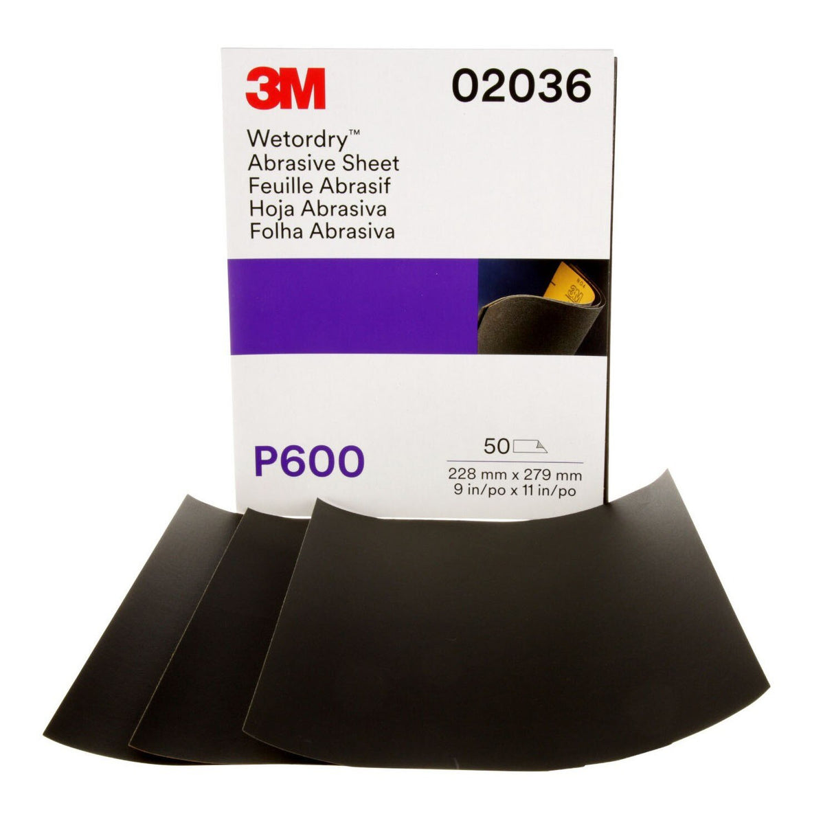 3M 02036 213Q Abrasive Sheet, P600, Wet/Dry Aluminum Oxide, Black, 9 in x 11 in (7000028325) (250 Pack) - 2