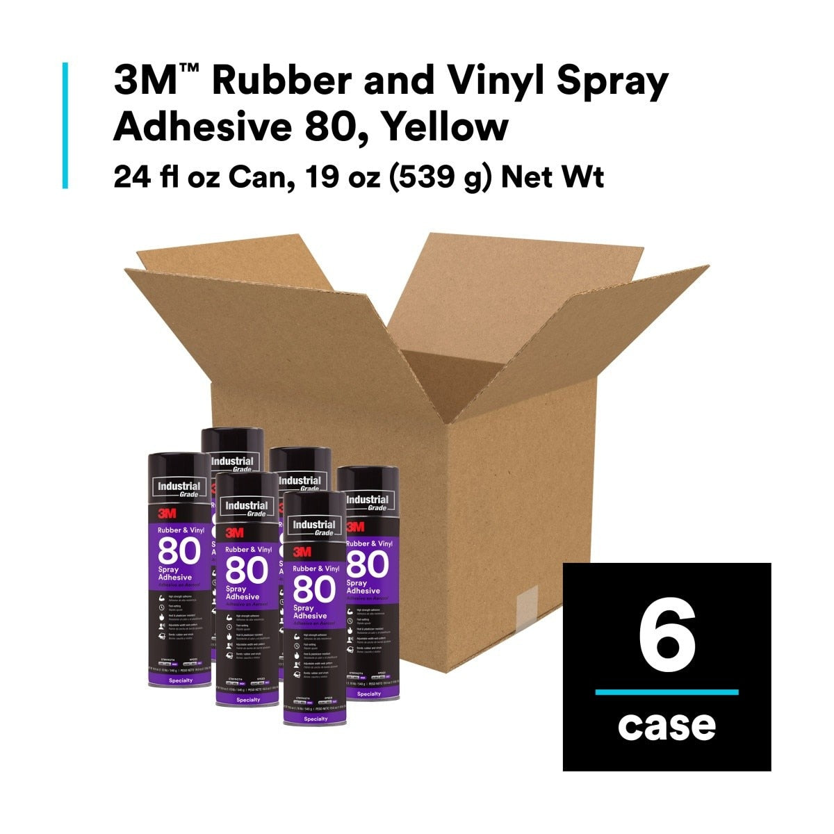 3M 80 Rubber and Vinyl Spray Adhesive Yellow, 24 fl oz Can, Net Wt 19 oz (82618) (7000028604) (6 Pack) - 9