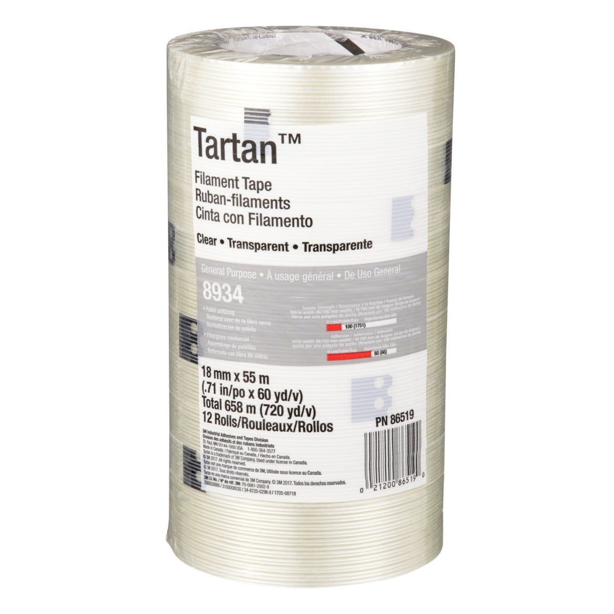 3M 8934 Tartan Filament Tape, Clear, 18 mm x 55 m, 4 mil (7000028886) (48 Pack) - 7
