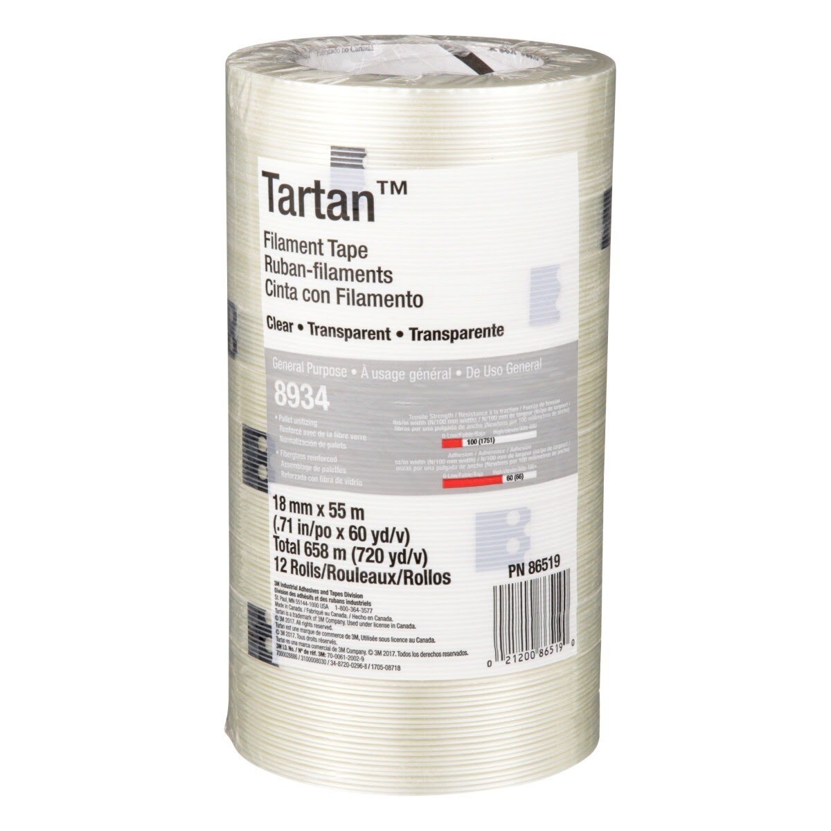 3M 8934 Tartan Filament Tape, Clear, 18 mm x 55 m, 4 mil (7000028886) (48 Pack) - 7