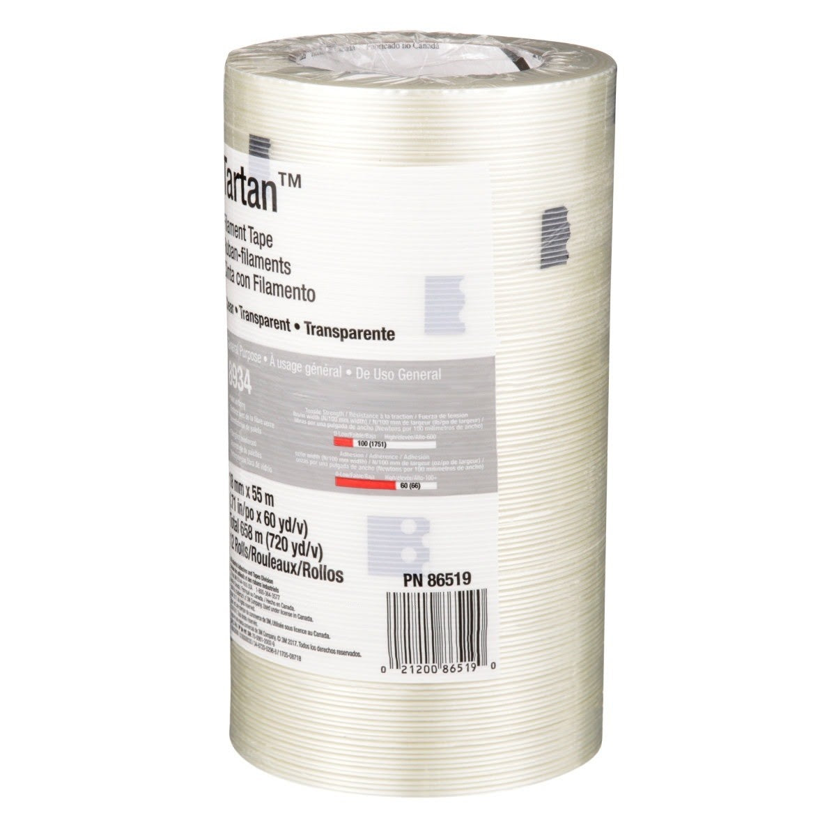 3M 8934 Tartan Filament Tape, Clear, 18 mm x 55 m, 4 mil (7000028886) (48 Pack) - 8