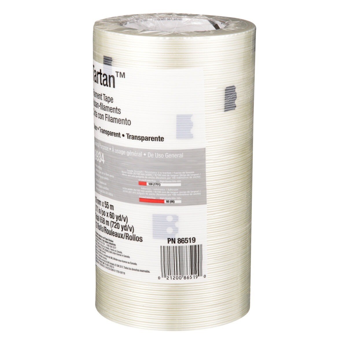 3M 8934 Tartan Filament Tape, Clear, 18 mm x 55 m, 4 mil (7000028886) (48 Pack) - 8