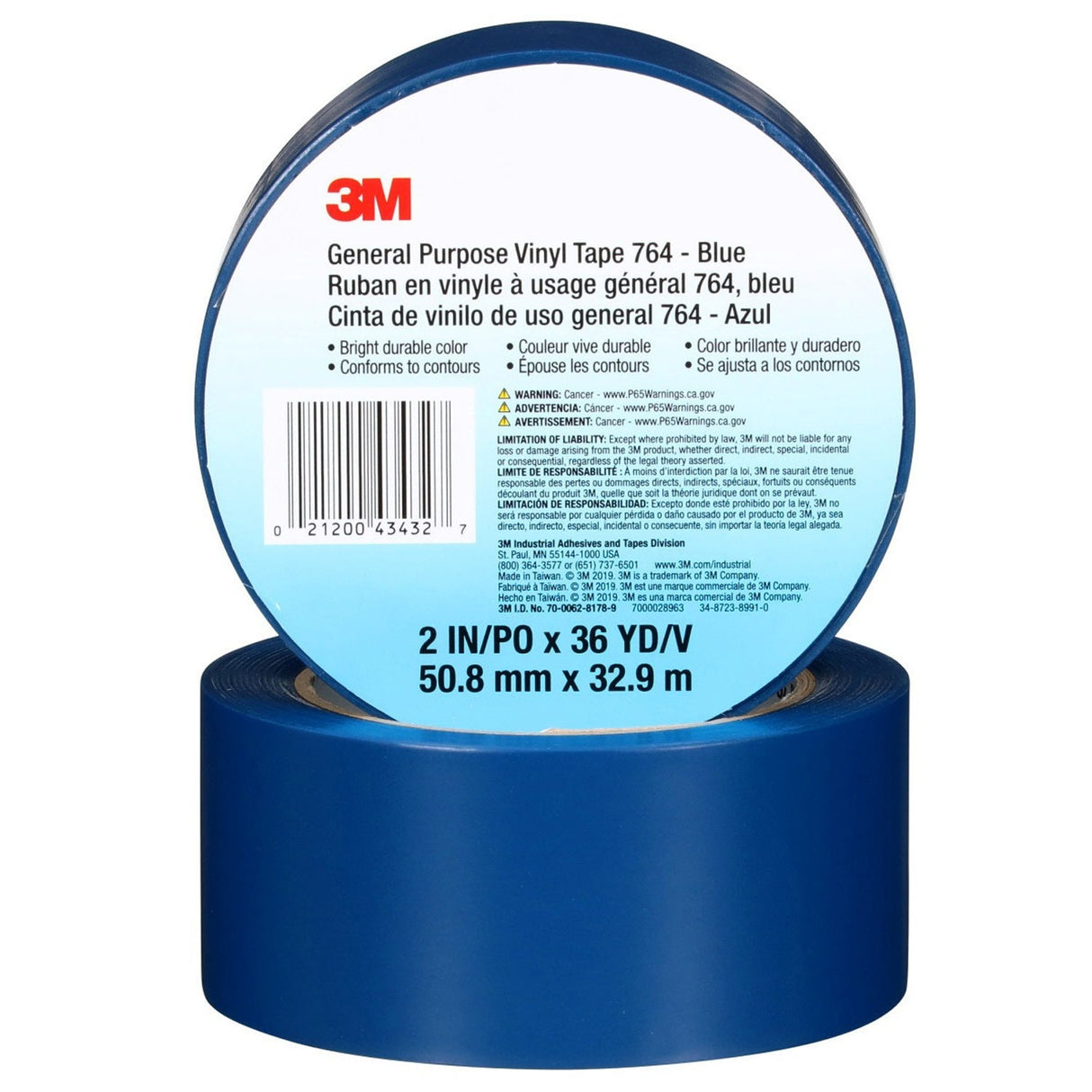 3M 764 General Purpose Vinyl Tape, Blue, 2 in x 36 yd, 5 mil (7000028963) (24 Pack) - 7