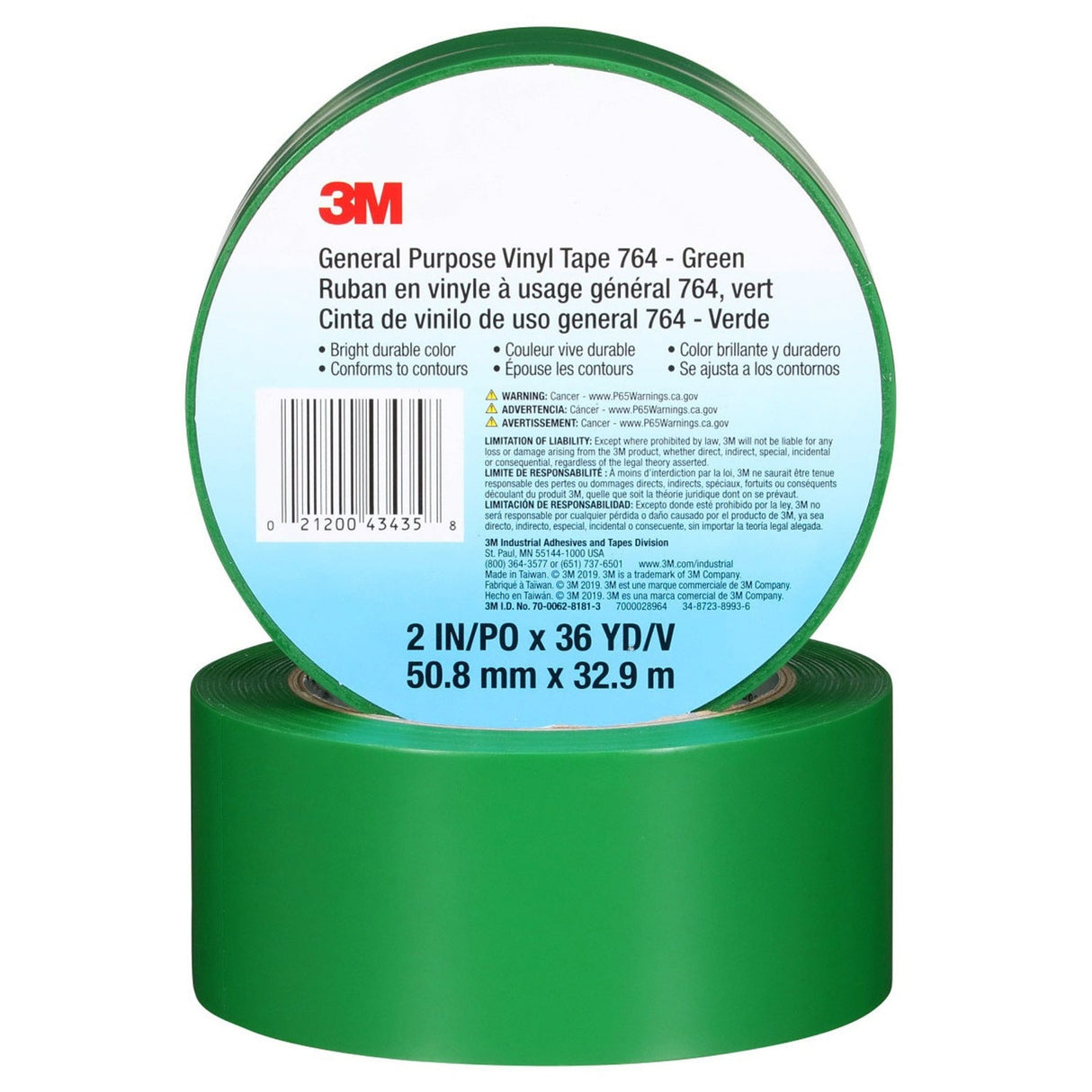 3M 764 General Purpose Vinyl Tape Green 2 in x 36 yd 5 mil Floor Marking Color Coding (7000028964) (24 Pack) - 2