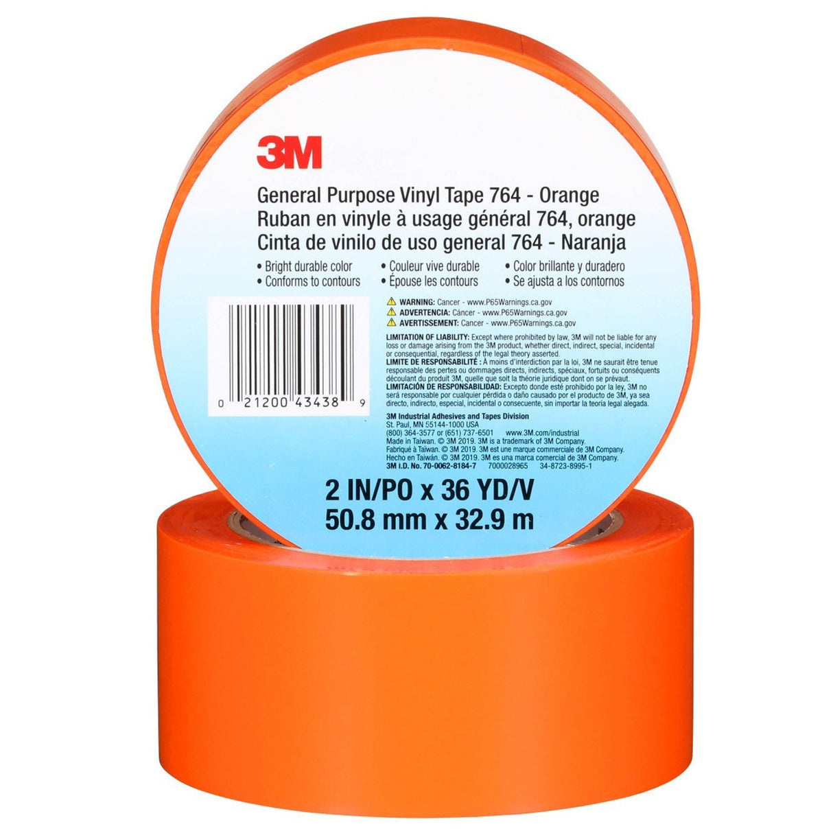 3M 764 General Purpose Vinyl Tape, Orange, 2 in x 36 yd, 5 mil (7000028965) (24 Pack) - 7