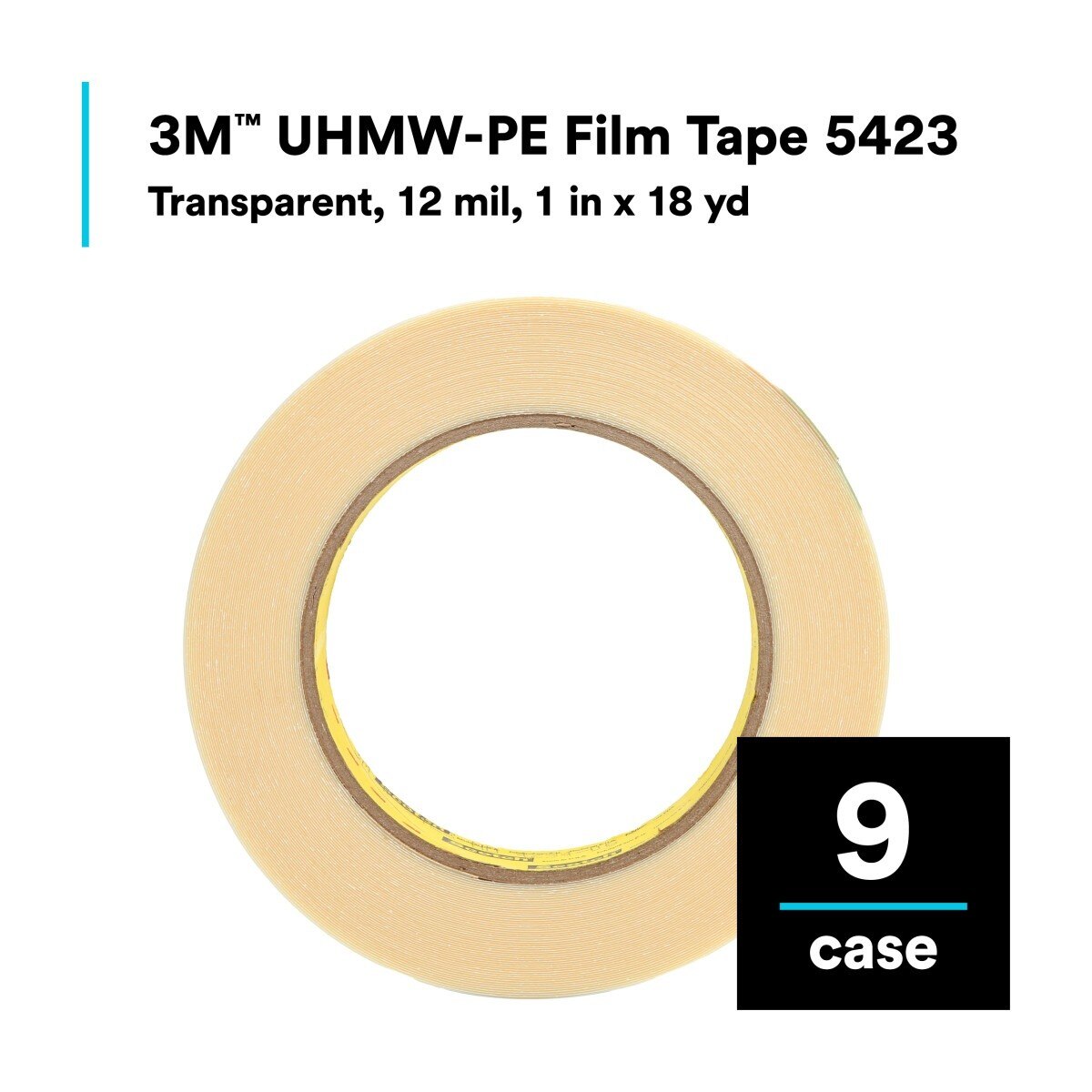3M 5423 UHMW Film Tape, Transparent, 1 in x 18 yd, 12 mil (7000029146) (9 Pack) - 5