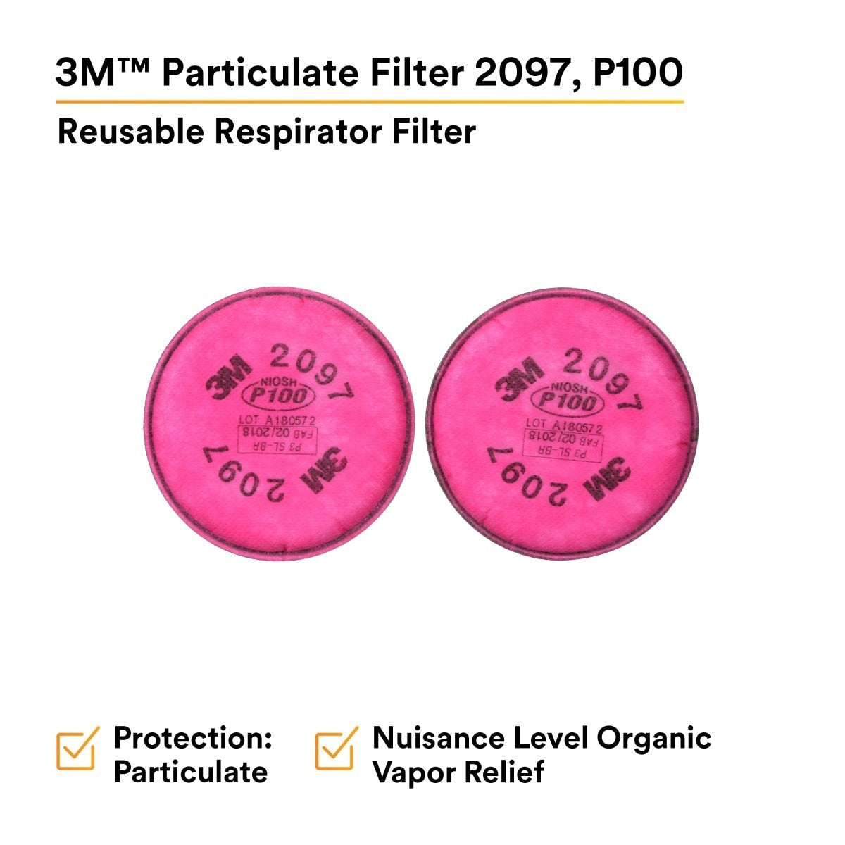 3M 2097 2097/07184 Particulate Filter, P100, Nuisance Level Organic Vapor Relief, Magenta (7000029657) (100 Pack) - 2