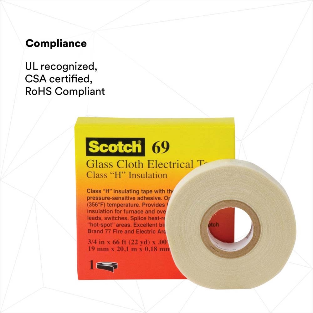 3M 69 3/4"X36YD MINI Glass Cloth Electrical Tape 69, White, 3/4 in x 36 yd (7000031350) - 3
