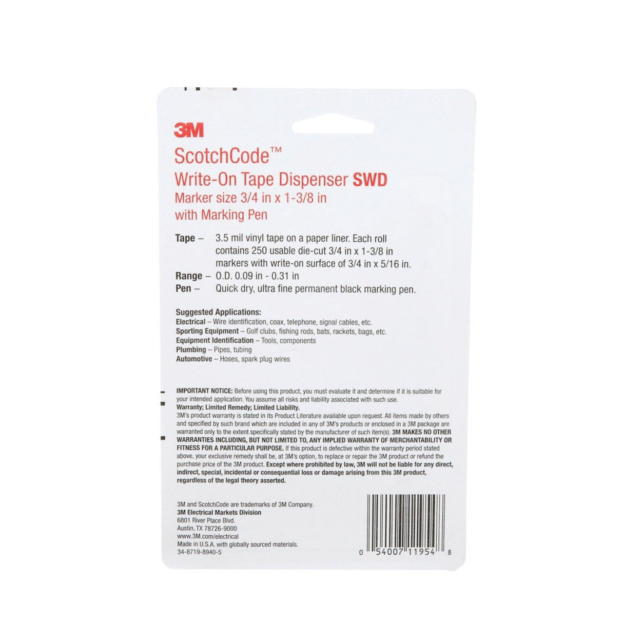 3M ScotchCode Wire Marker Write-On Dispenser with Tape and Pen, 0.75 in x 1.375 in (SWD) (7000031501) (10 Pack) - 7