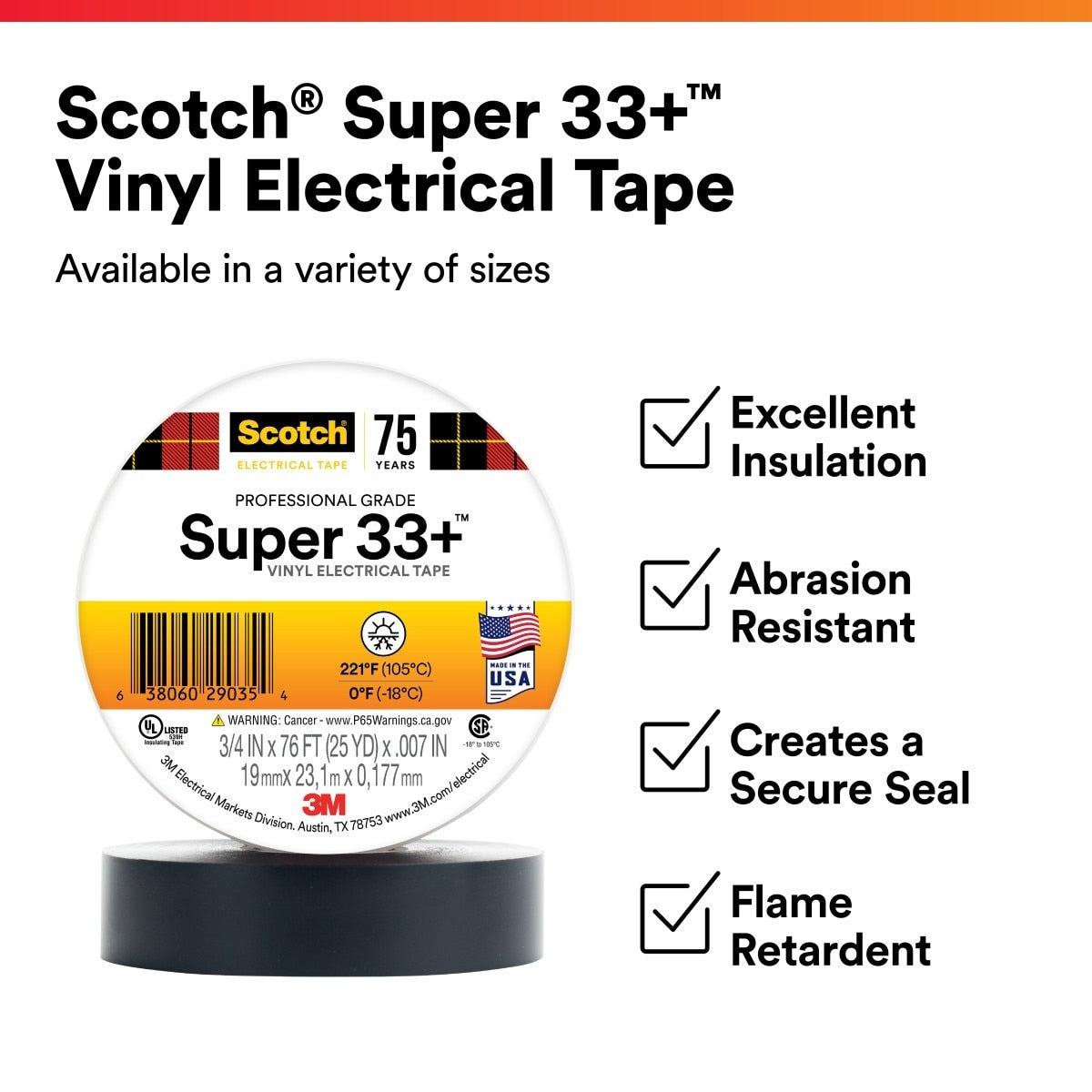 3M 33+-1.5X36YD-1.5 Scotch Super 33+ Vinyl Electrical Tape, Rubber Adhesive, PVC Backing, Black, 1-1/2 in x 36 yd, 1-1/2 in Core (7000031512) (50 Pack) - 2