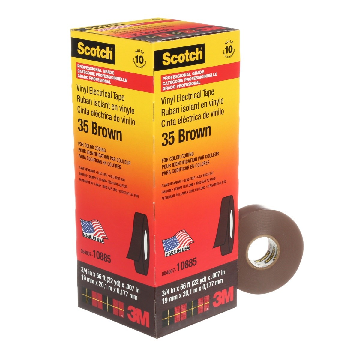 3M 35 Scotch Vinyl Color Coding Electrical Tape, Brown, 3/4 in x 66 ft, 7 mil, Premium Grade, Flame Retardant (35-3/4X66FT-BR) (7000031580) (10 Pack) - 3