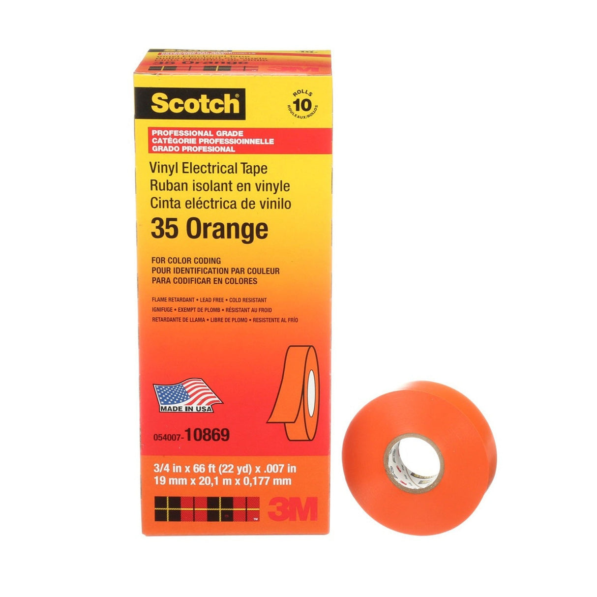 3M Scotch Vinyl Color Coding Electrical Tape 35, Orange, 3/4 in x 66 ft, 7 mil, Premium Grade, Flame Retardant, UV Resistant (35-3/4X66FT-OR) (7000031581) (10 Pack) - 2