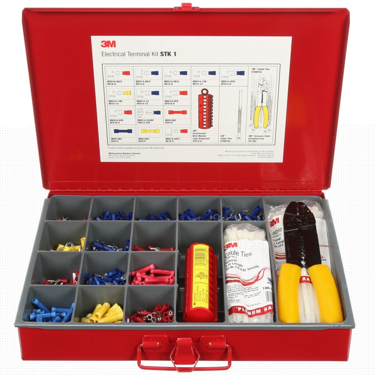 3M STK-1 Durable Metal Terminal Kit with 650 Insulated Terminals, 200 Cable Ties, TH-440 Crimp Tool and STD-0-9 Tape Dispenser, Red (7000036237)