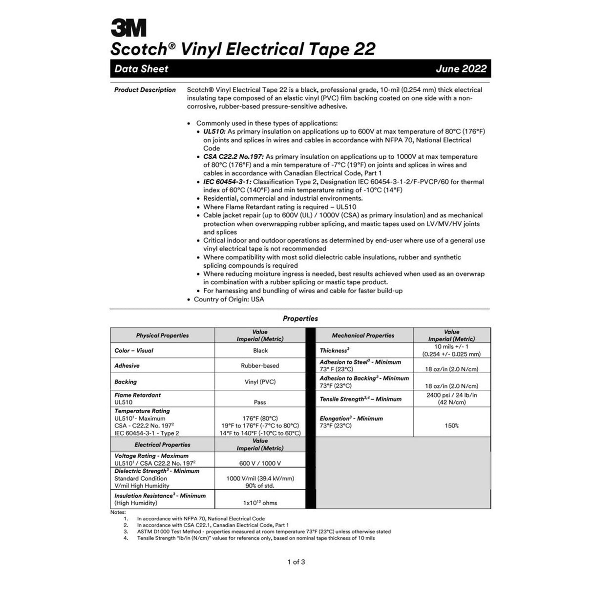 3M Scotch Vinyl Electrical Tape 22, 1 in x 36 yd, Black (22-1X36YD) (7000042539) (12 Pack) - 2