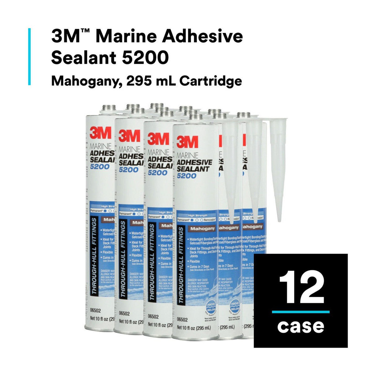 3M 5200 6502 Marine Adhesive Sealant Mahogany 10 fl oz Cartridge Above/Below Waterline Flexible Permanent Bonding (7000045778) (12 Pack) - 9