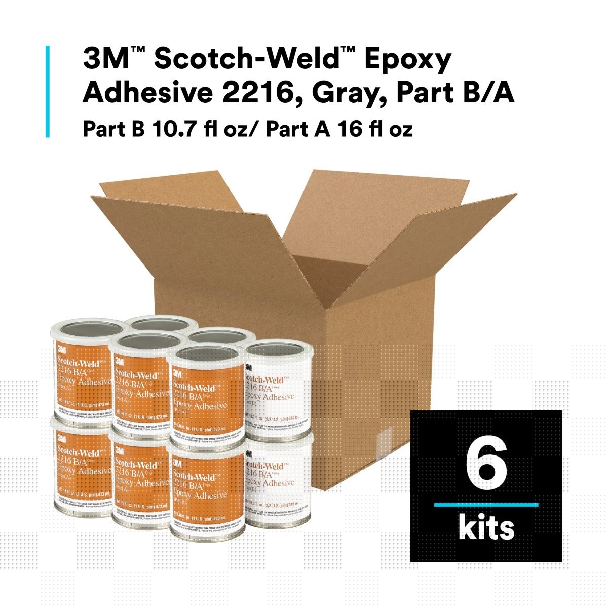 3M 2216 Epoxy Adhesive Kit, Gray, Part B/A, 1 Pint (7000046358) (6 Pack) - 6