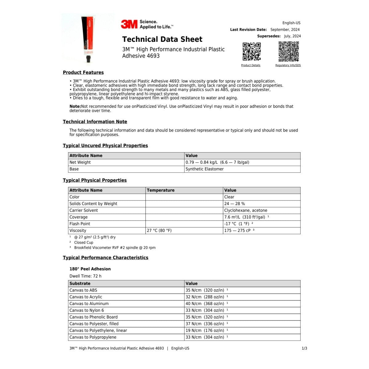 3M High Performance Industrial Plastic Adhesive, Light Amber, 1 Gallon (4693) (7000046575) (4 Pack) - 4