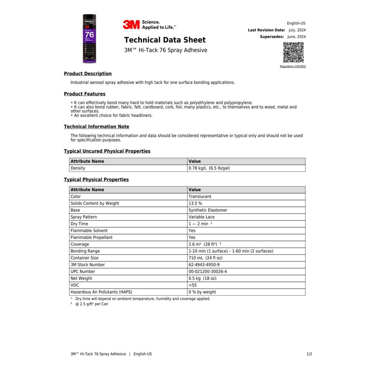3M 76 Hi-Tack Spray Adhesive, Clear, 24 fl oz Can Net Wt 18.1 oz (30026) (7000046589) (12 Pack) - 2