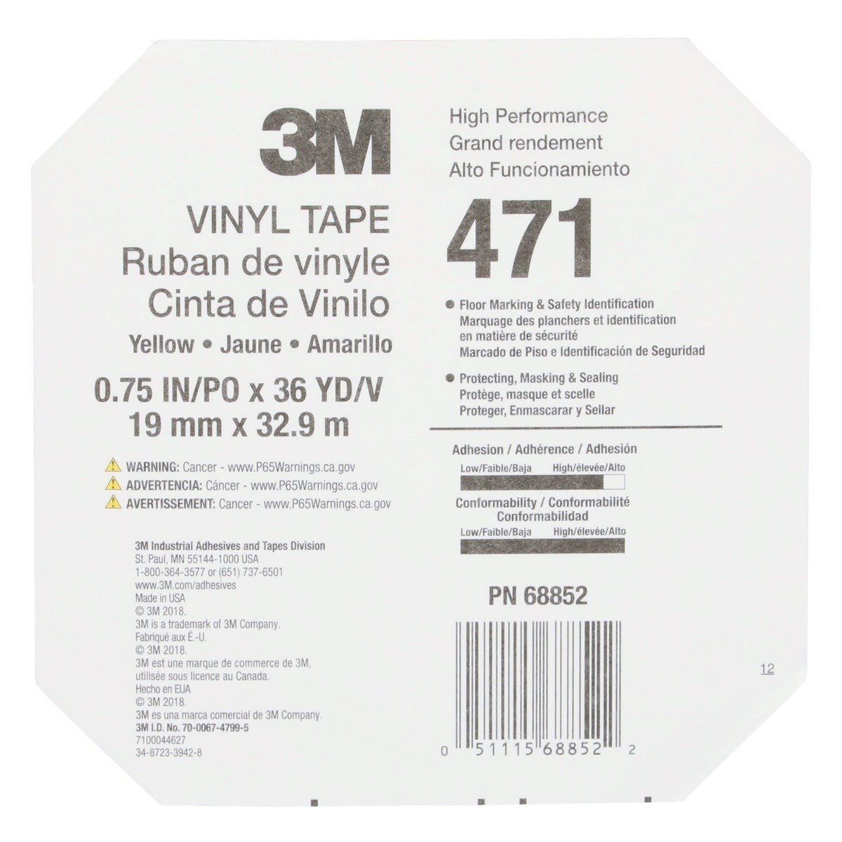 3M 471 Vinyl Tape, Yellow, 3/4 in x 36 yd, 5.2 mil (7000047467) (48 Pack) - 9