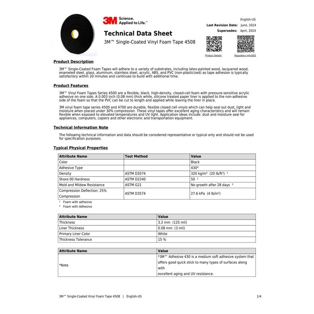 3M 4508 Vinyl Foam Tape , Black, 1 in x 36 yd, 125 mil, 9 per (7000047497) (9 Pack) - 3