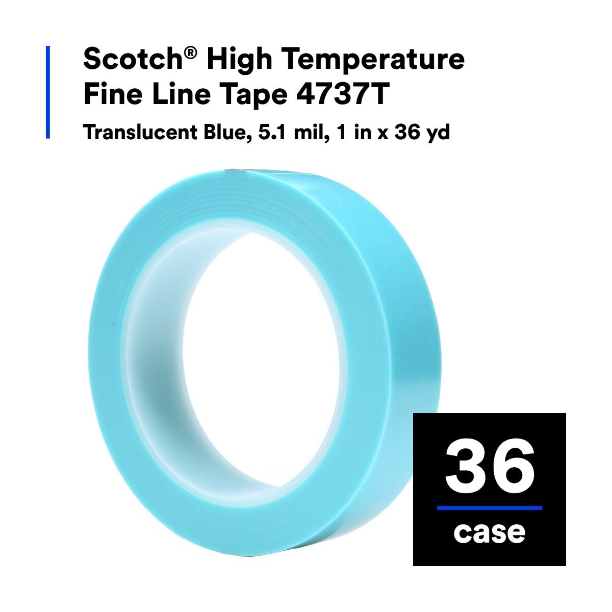 3M 4737 Scotch High Temperature Fine Line Tape T, Translucent Blue, 1 in x 36 yd, 5.4 mil (7000048627) (36 Pack) - 2