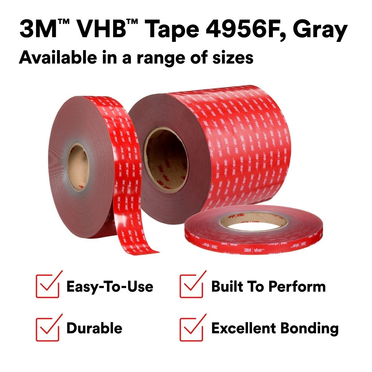 3M 4956 4956F VHB Tape F, Gray, 1 in x 36 yd, 62 mil, Film Liner (7000048647) (9 Pack) - 5