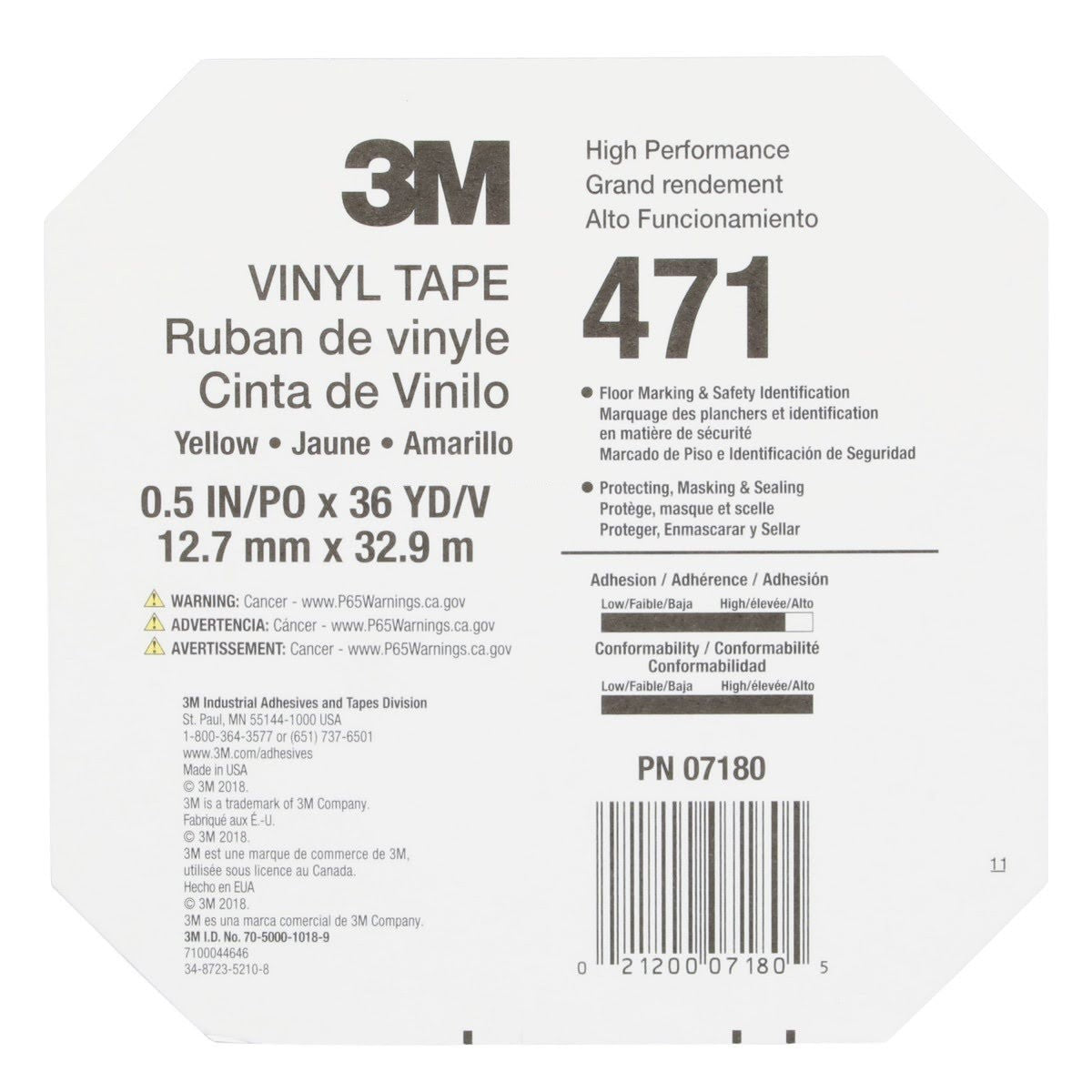 3M 471 Vinyl Tape, Yellow, 3/8 in x 36 yd, 5.2 mil (7000048775) (96 Pack) - 10