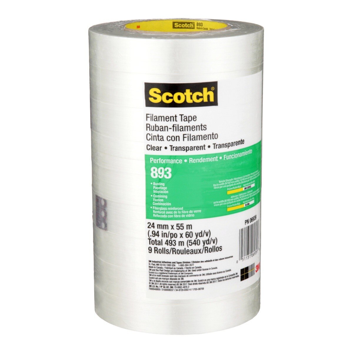 3M 893 Scotch Filament Tape, Clear, 24 mm x 55 m, 6 mil (7000048809) (36 Pack) - 6