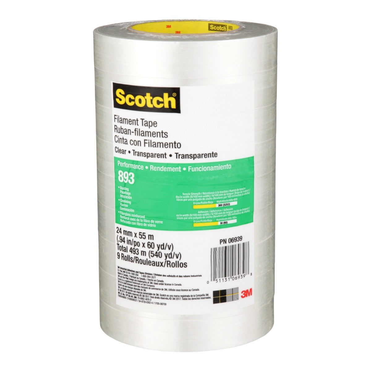 3M 893 Scotch Filament Tape, Clear, 24 mm x 55 m, 6 mil (7000048809) (36 Pack) - 7