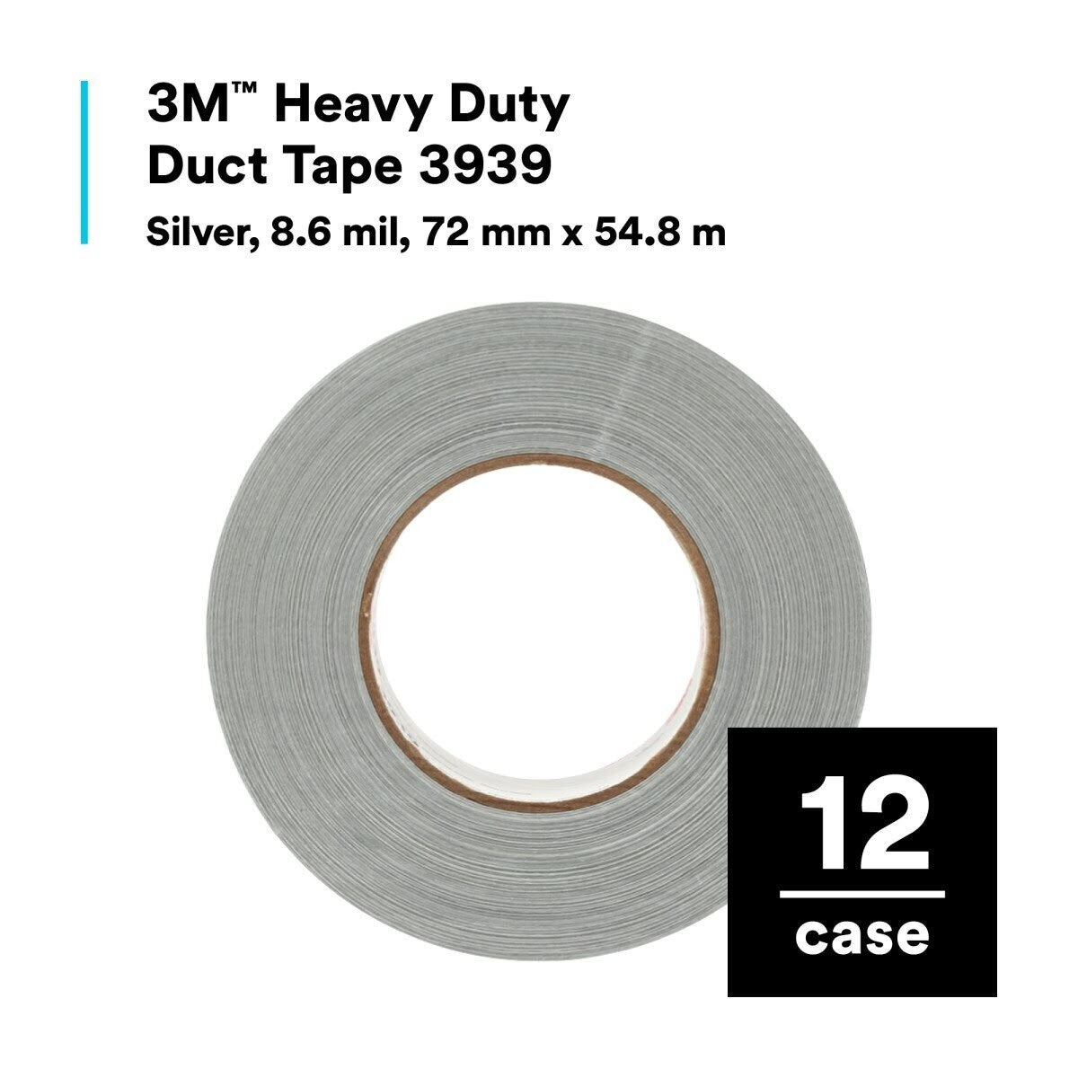 3M 3939 Heavy Duty Duct Tape, Silver, 2-7/8 in x 60 yd, 9.0 mil, Water Resistant (7000048815) (12 Pack) - 4
