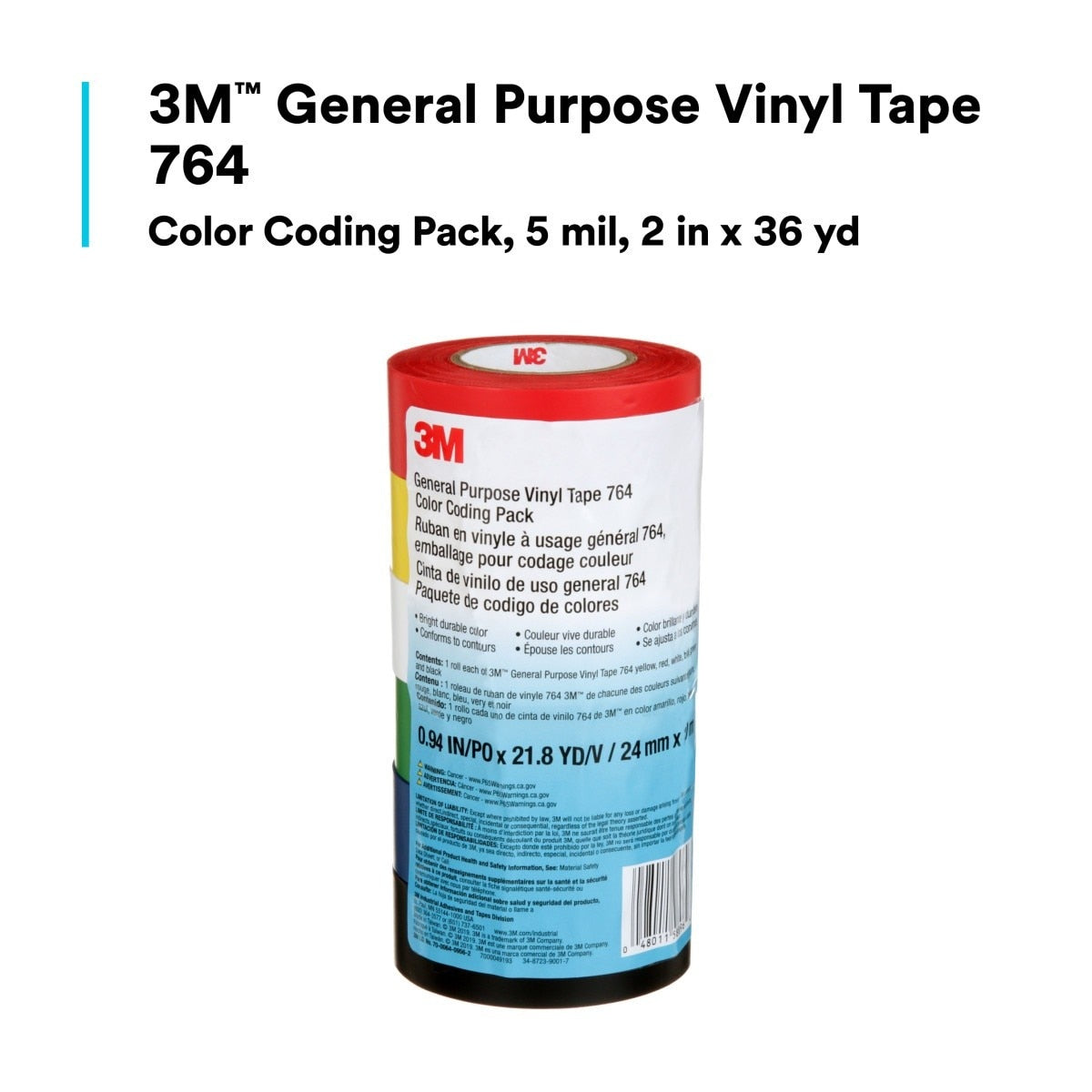 3M 764 General Purpose Vinyl Tape Color Coding Pack, Multi-color, 5 mil, 15/16 in x 21.8 yd (7000049193) (36 Pack) - 3