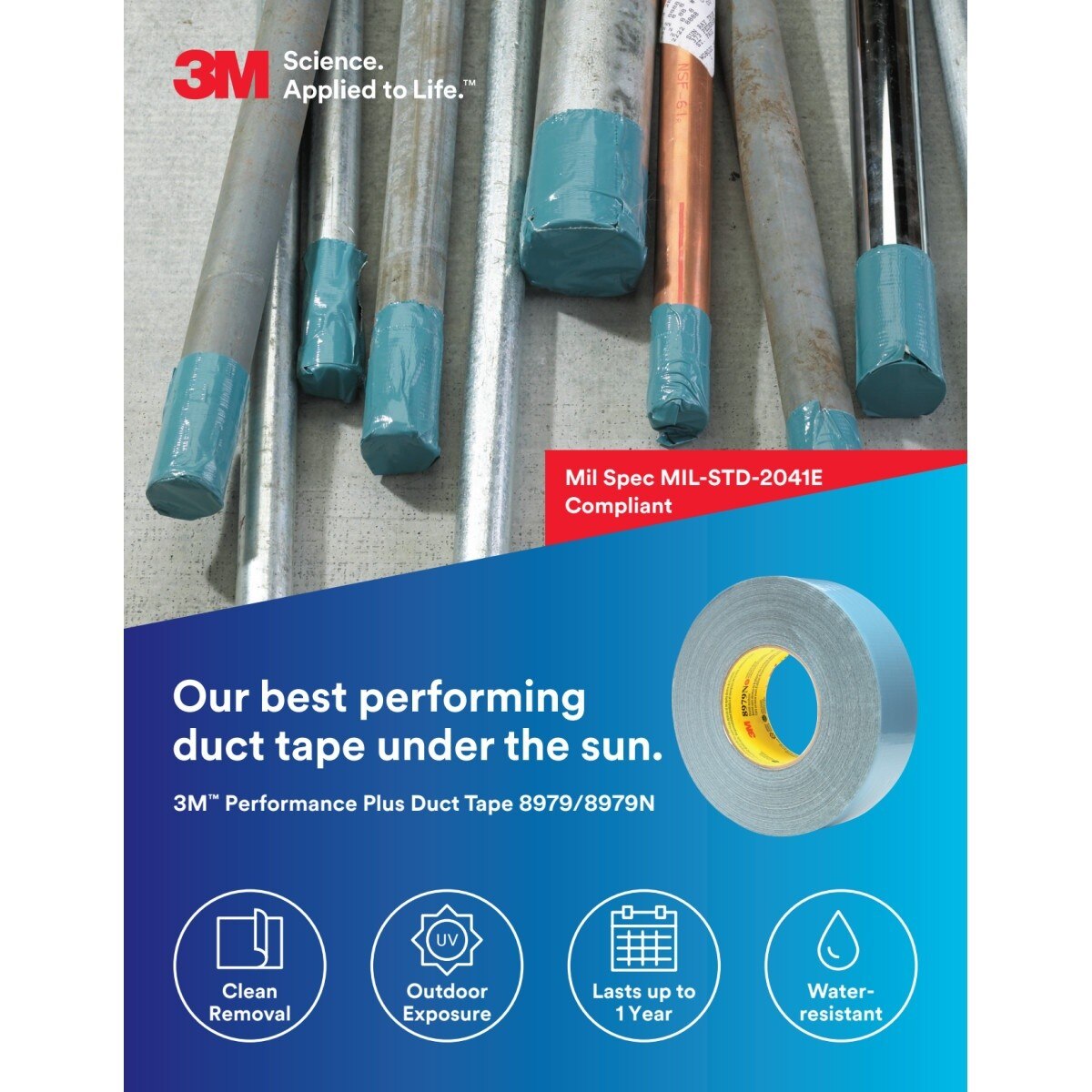 3M 8979 Performance Plus Duct Tape, Slate Blue, 96 mm x 54.8 m, 12.1 mil, Clean Removal, UV and Weather Resistant (7000049207) (12 Pack) - 9
